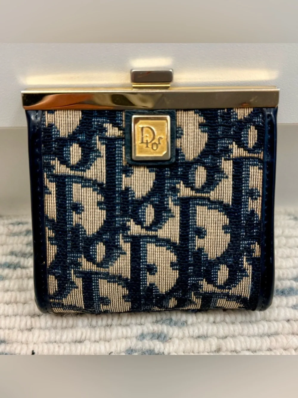 DIOR Vintage Rare Blue Trotter Monogram Canvas Kiss Lock Coin Purse W/ Gold